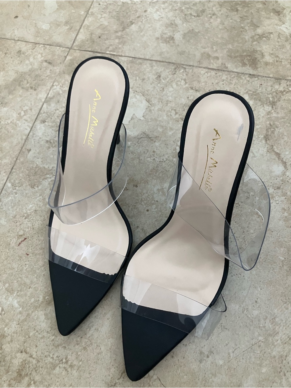 Anne Michelle Black Pointed Mule Heels with Clear Straps